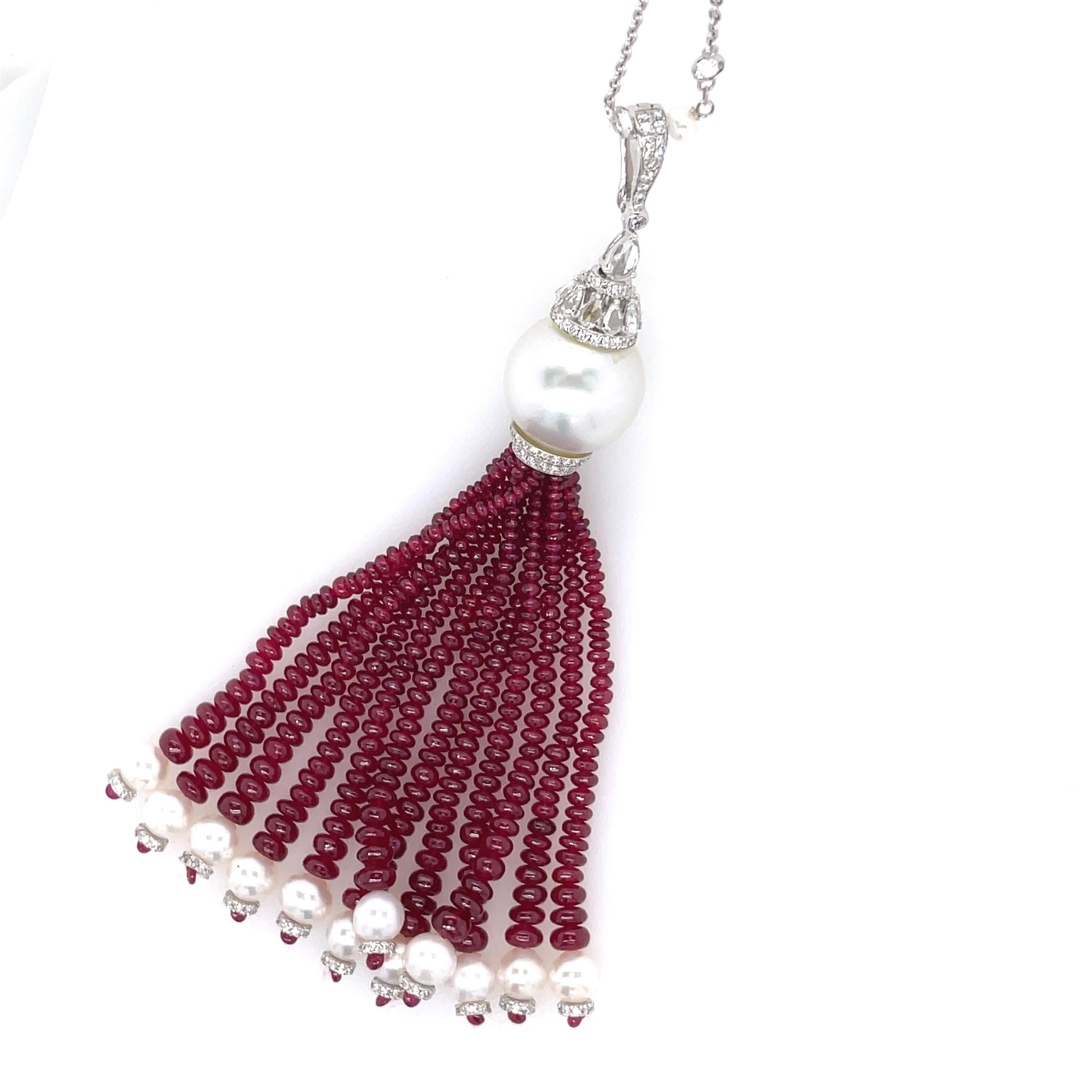 18k White Gold Ruby Cts 62.10 and Diamond Tassel Necklace For Sale 3
