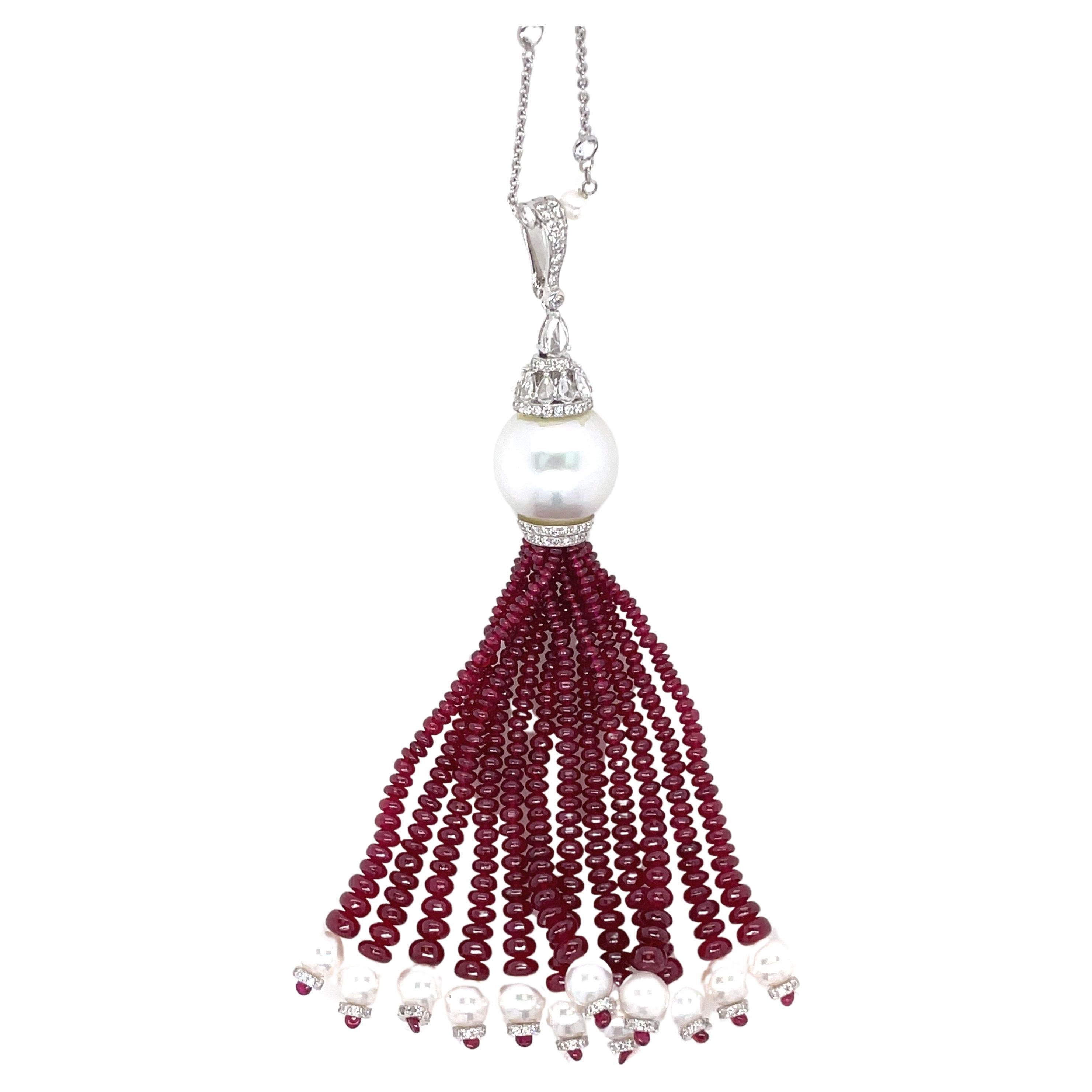 18k White Gold Ruby Cts 62.10 and Diamond Tassel Necklace For Sale