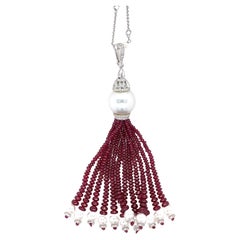 18k White Gold Ruby Cts 62.10 and Diamond Tassel Necklace