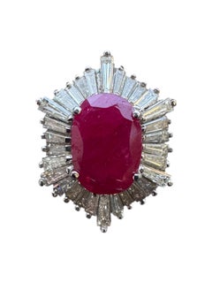 18K White Gold Ruby Diamond Baguette Halo Cocktail Ring