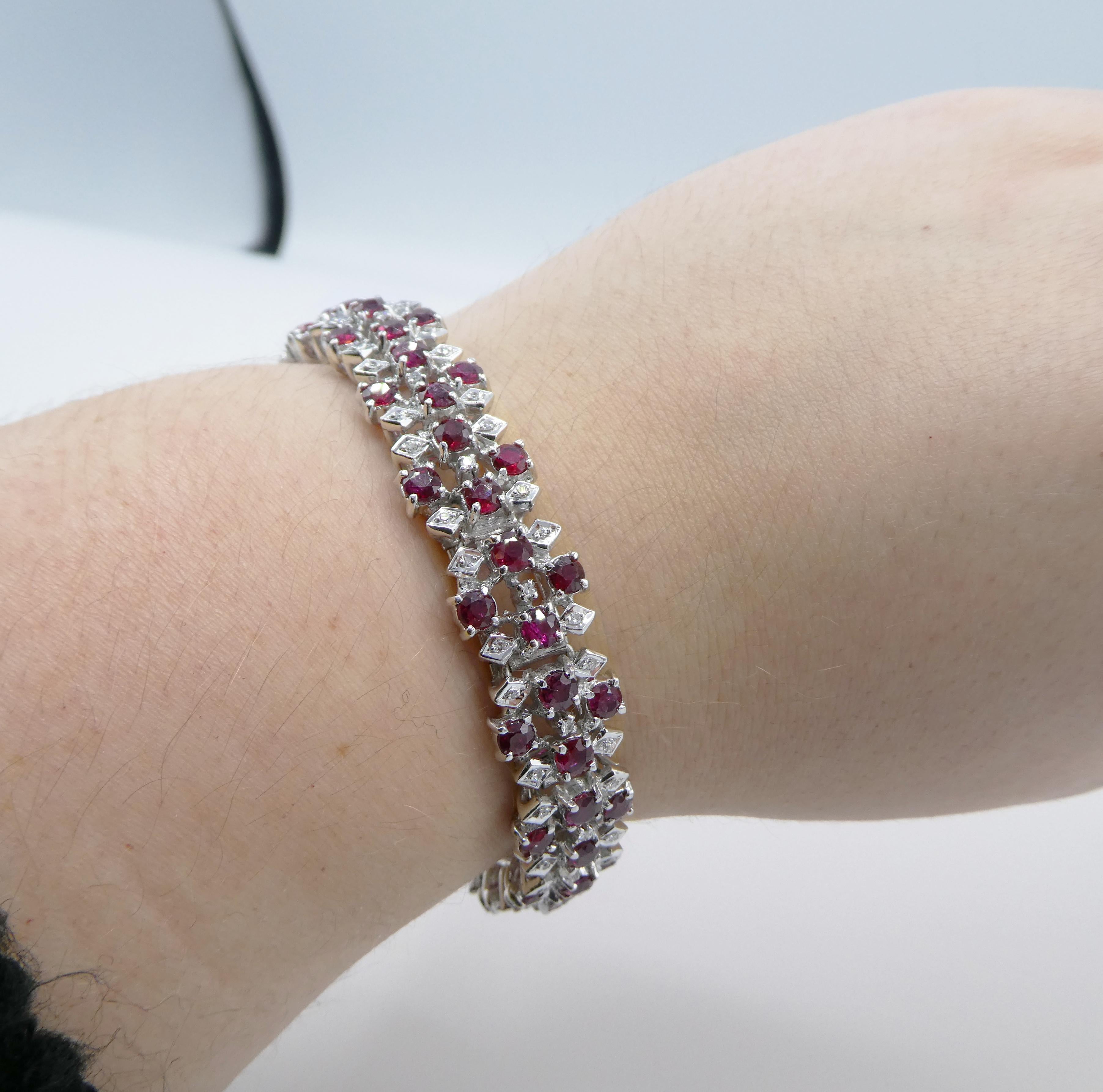 18 Karat White Gold Ruby and Diamond Cluster Bracelet In Good Condition In  Baltimore, MD