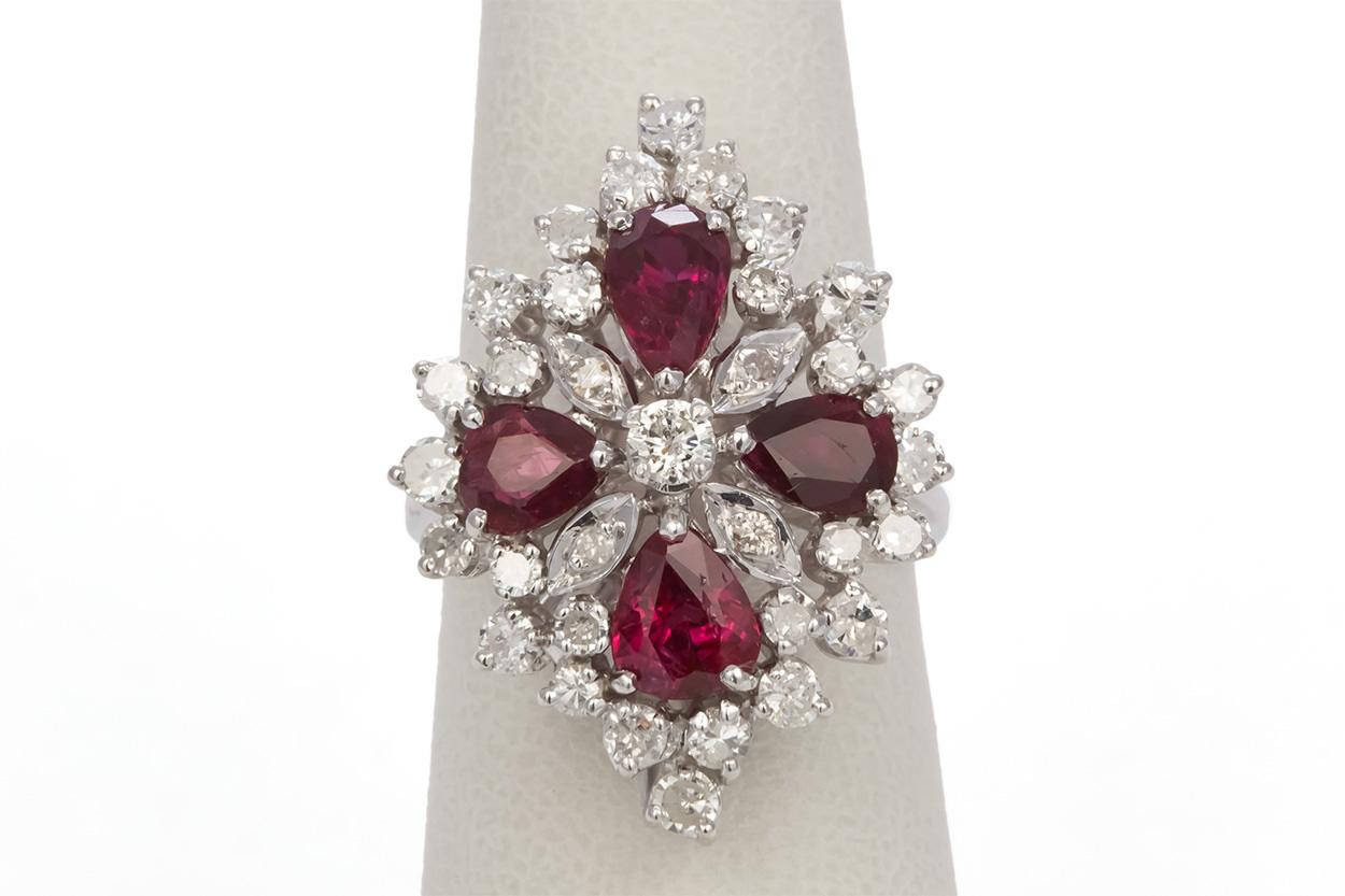 Women's 18 Karat White Gold Ruby and Diamond Cocktail Fashion Ring For Sale