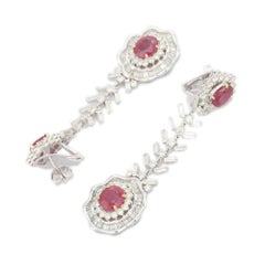 18kt Solid White Gold Floral 13.14 ct Ruby Diamond Dangle Drop Earrings