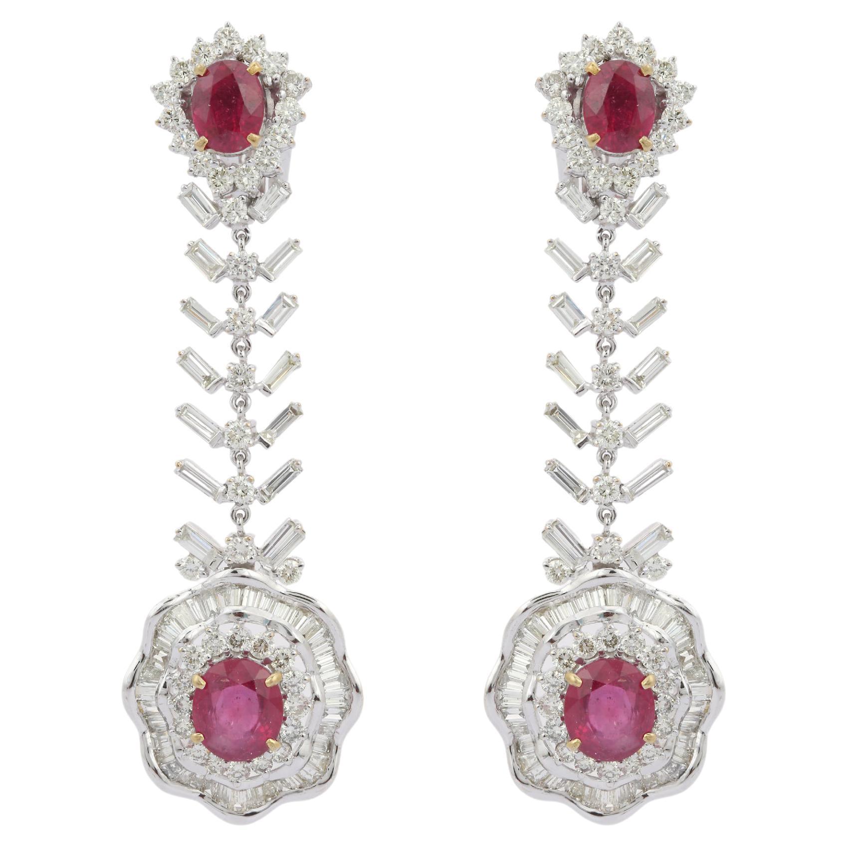 18kt Solid White Gold Floral 13.14 ct Ruby Diamond Dangle Drop Earrings