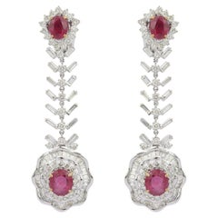 18kt Solid White Gold Floral 13.14 ct Ruby Diamond Dangle Drop Earrings