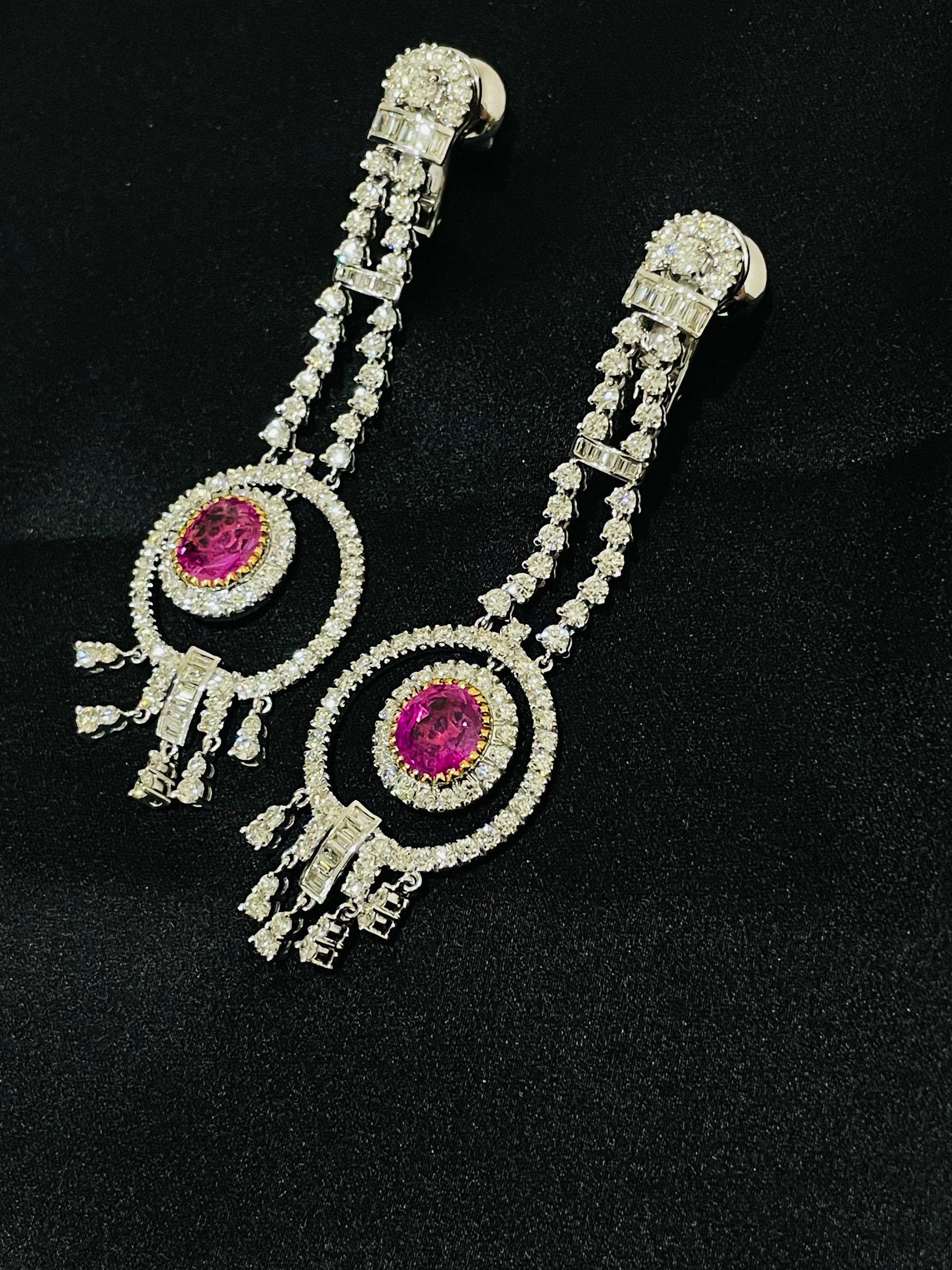 Modern Glamorous 18kt Solid White Gold Ruby Diamond Dangle Earrings For Sale