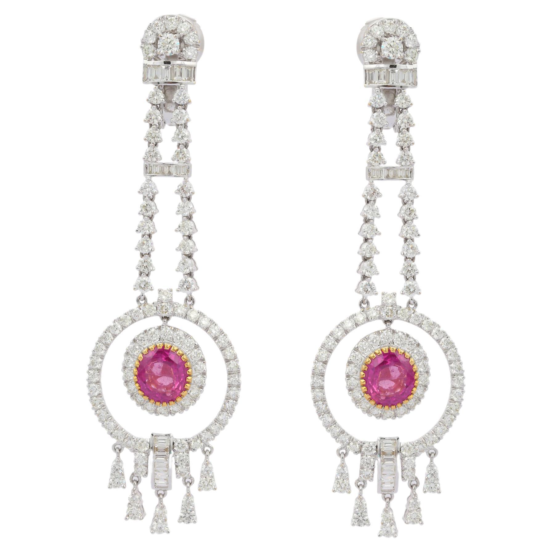 Glamorous 18kt Solid White Gold Ruby Diamond Dangle Earrings For Sale