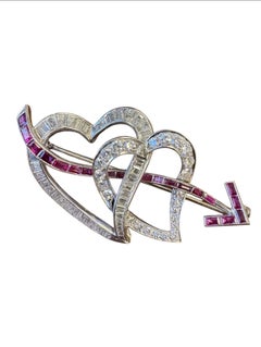 18K White Gold Ruby & Diamond Double Heart Arrow Brooch