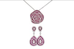 18k White Gold Ruby Diamond Earrings & Pendant Set 10.98ctw Ruby 5.35ctw