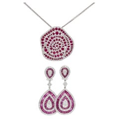 18k White Gold Ruby Diamond Earrings & Pendant Set 10.98ctw Ruby 5.35ctw