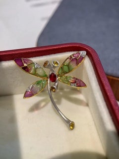 18K White Gold Ruby & Diamond Enameled Dragonfly Brooch