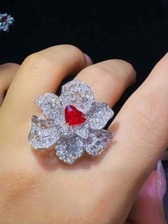 18K White Gold Ruby & Diamond Floral Cocktail Ring - Eze Jewelry