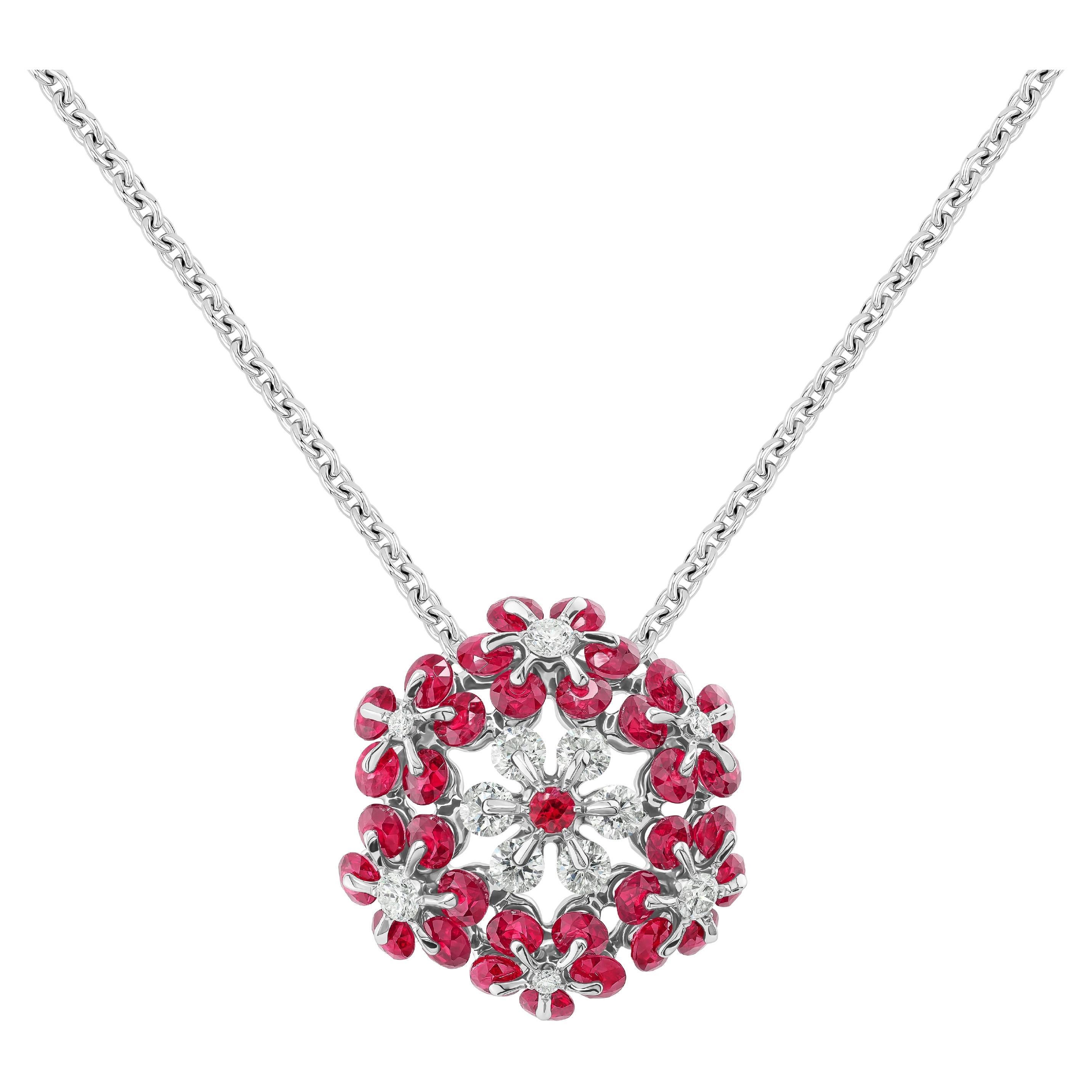 18K White Gold Ruby Diamond Floral Necklace by MOISEIKIN Patented Technology