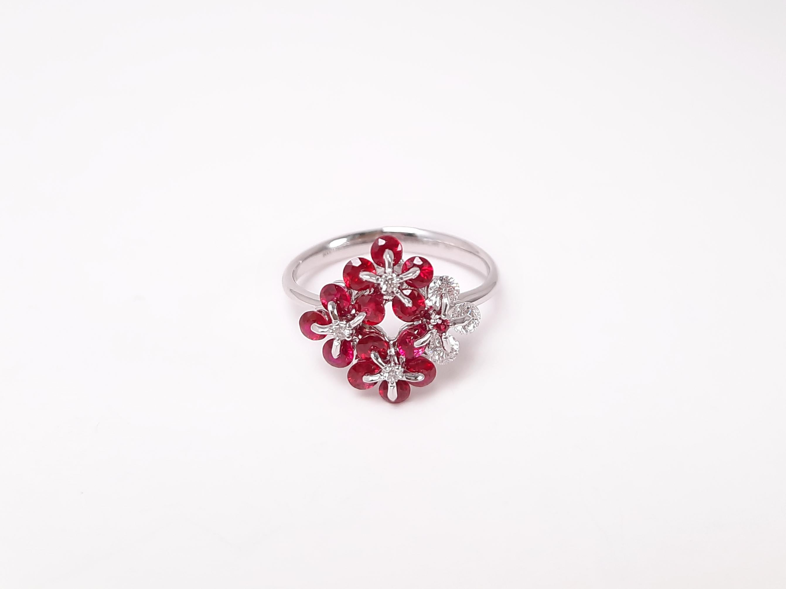 Contemporary 18K White Gold Ruby Diamond Floral Ring by MOISEIKIN For Sale