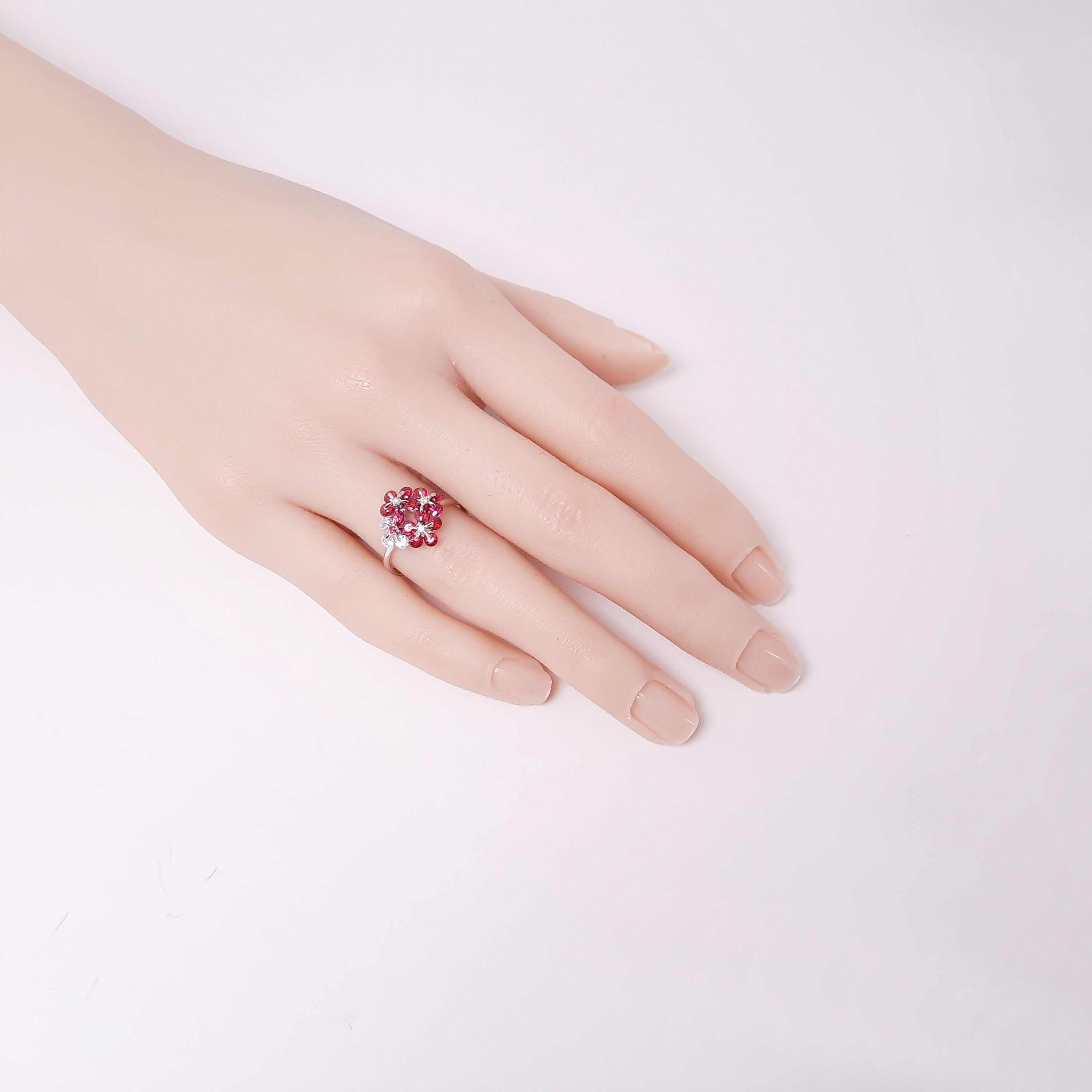 Round Cut 18K White Gold Ruby Diamond Floral Ring by MOISEIKIN For Sale