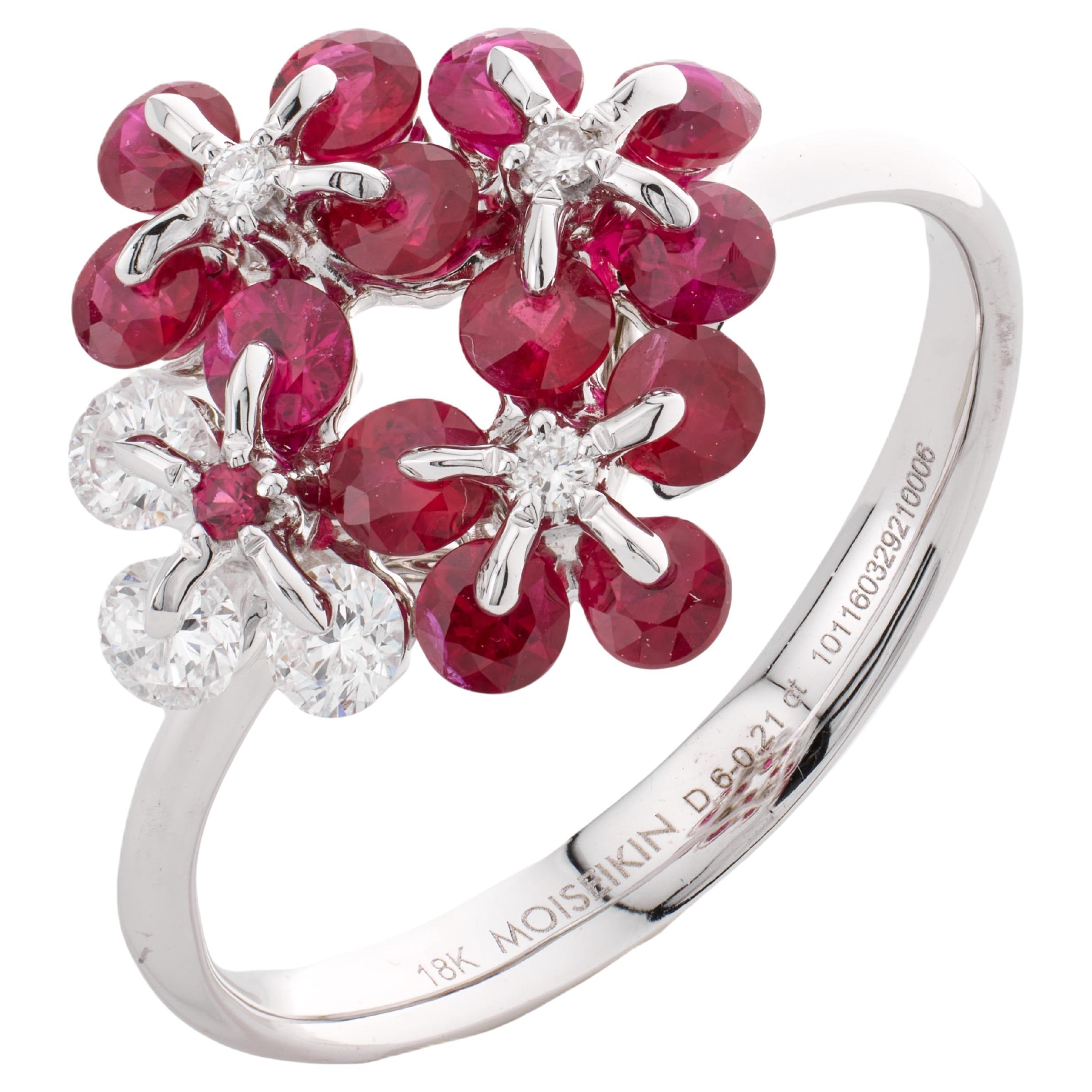 18K White Gold Ruby Diamond Floral Ring by MOISEIKIN