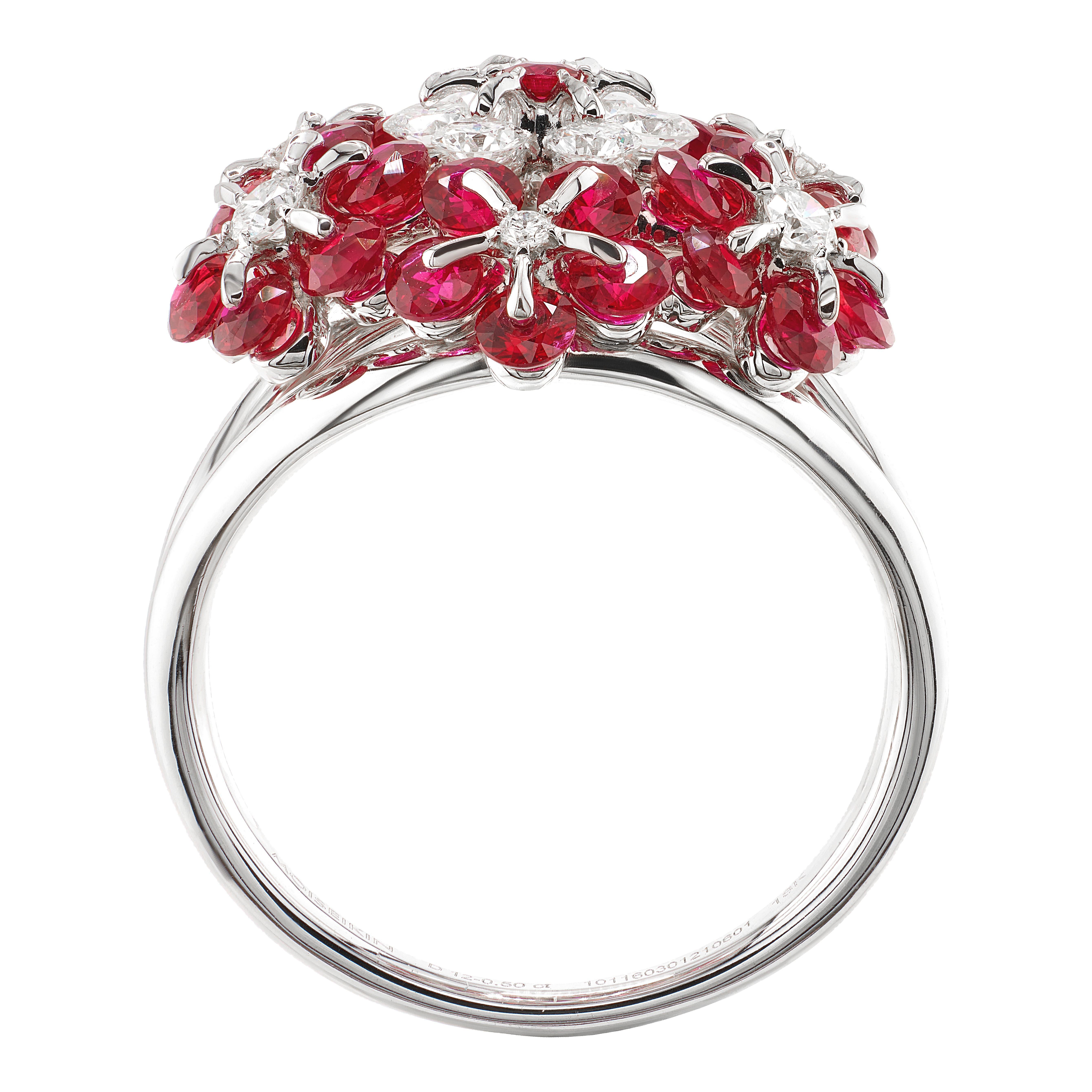 Contemporary 18K White Gold Ruby Diamond Floral Ring by MOISEIKIN Patented Technology For Sale