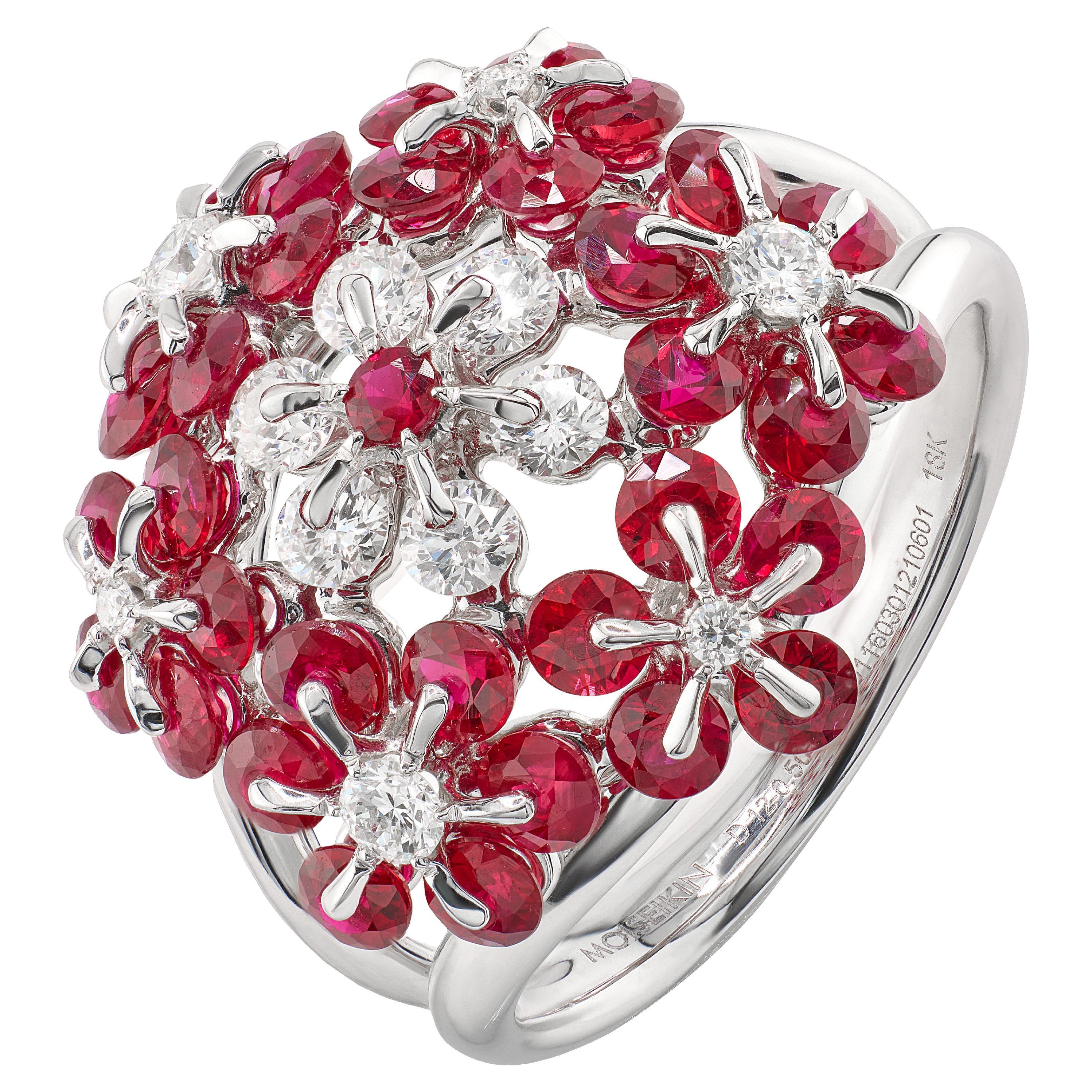 18K White Gold Ruby Diamond Floral Ring by MOISEIKIN Patented Technology For Sale
