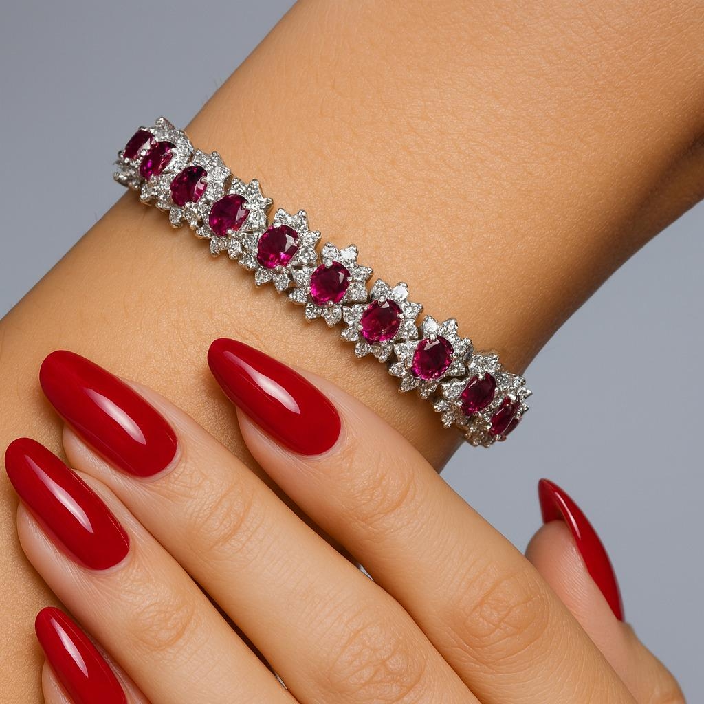 Bracciale Tennis in oro bianco 18K con rubini e diamanti a forma di fiori In condizioni buone in vendita a Chicago, IL