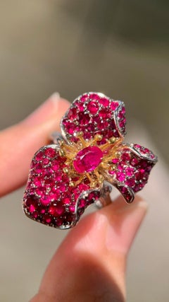 18K White Gold Ruby & Diamond Flower Ring