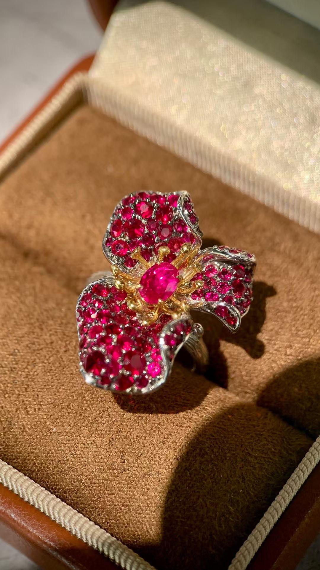 Oval Cut 18K White Gold Ruby & Diamond Flower Ring For Sale