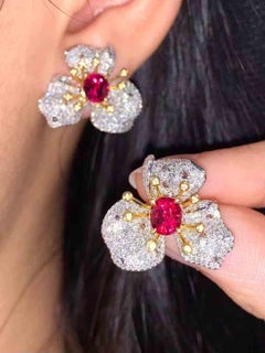 18K White Gold Ruby Diamond Flower Stud Earrings by Eze Jewelry