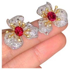 18K White Gold Ruby Diamond Flower Stud Earrings by Eze Jewelry