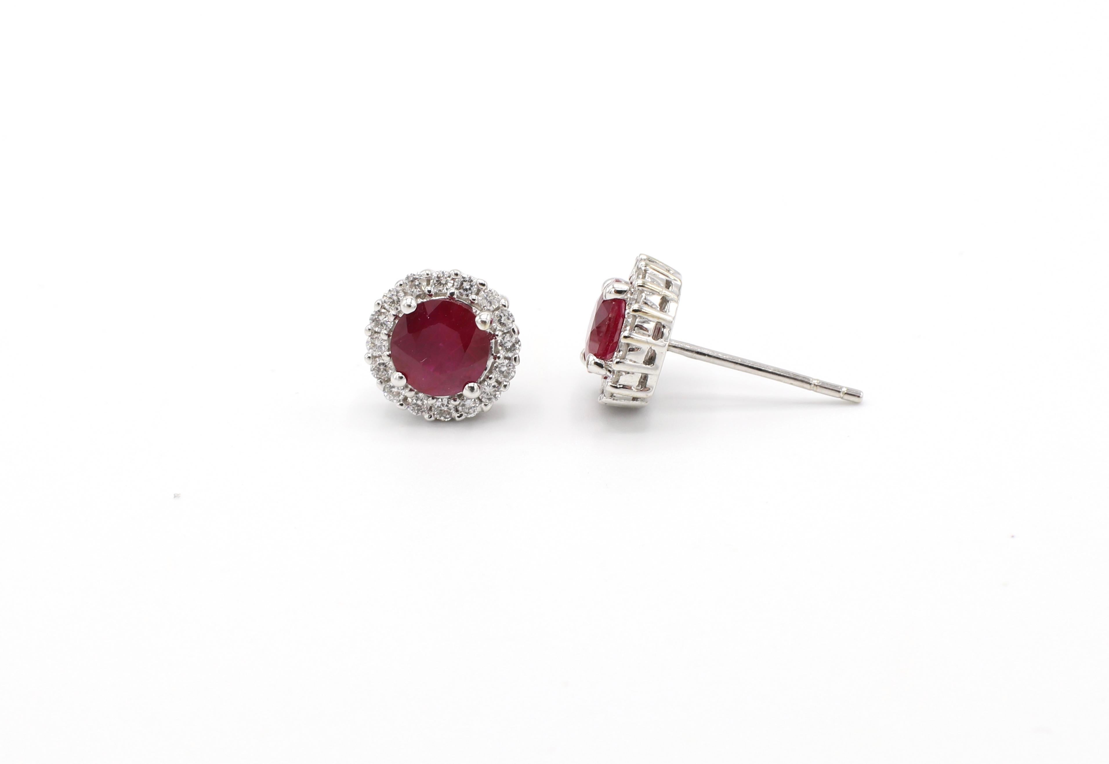 18 Karat White Gold Ruby Diamond Halo Stud Earrings In Excellent Condition In  Baltimore, MD