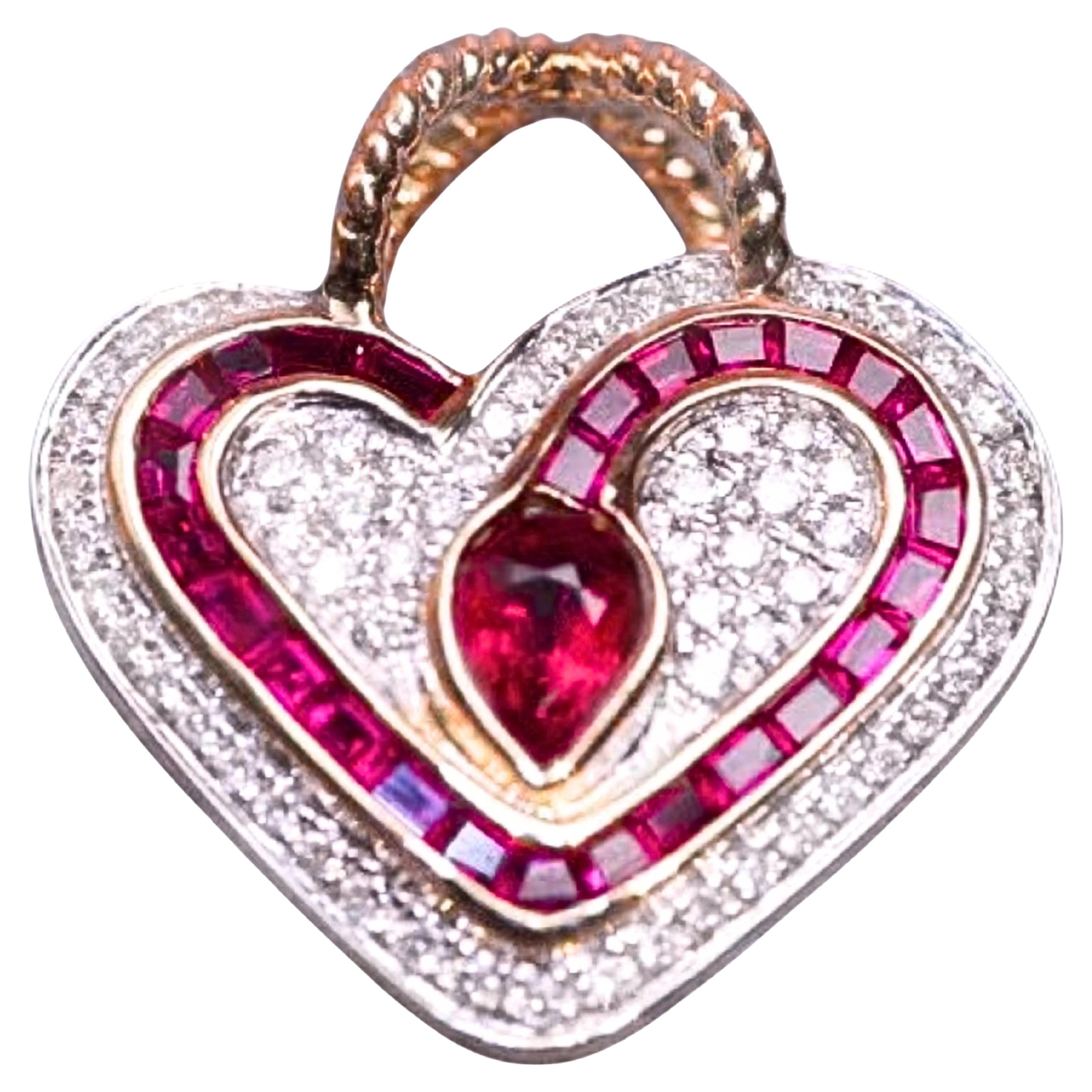 Colgante "Corazón" de oro blanco de 18 quilates con rubíes y diamantes