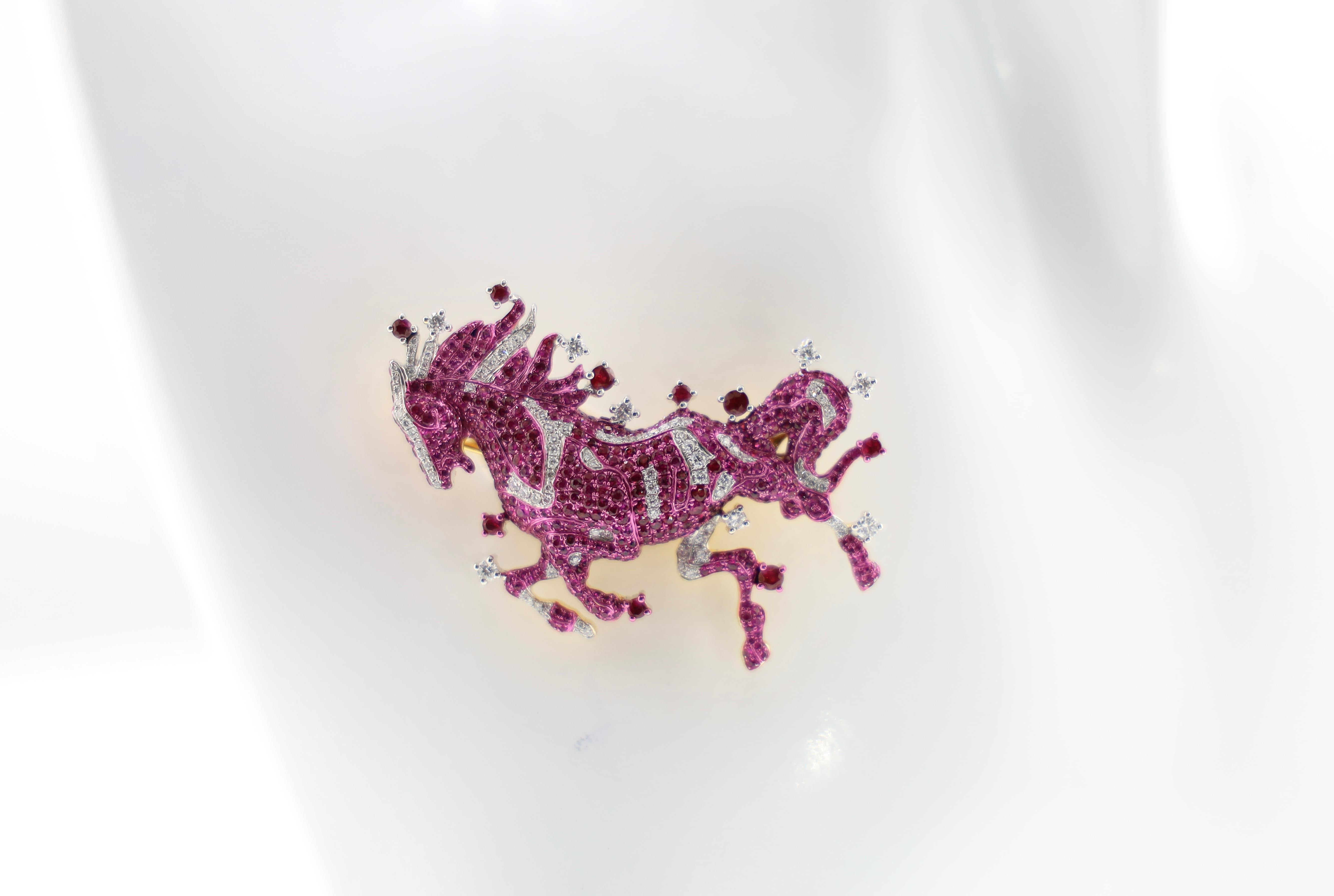 Modern 18K White Gold Ruby & Diamond Horse Brooch & Pendant For Sale