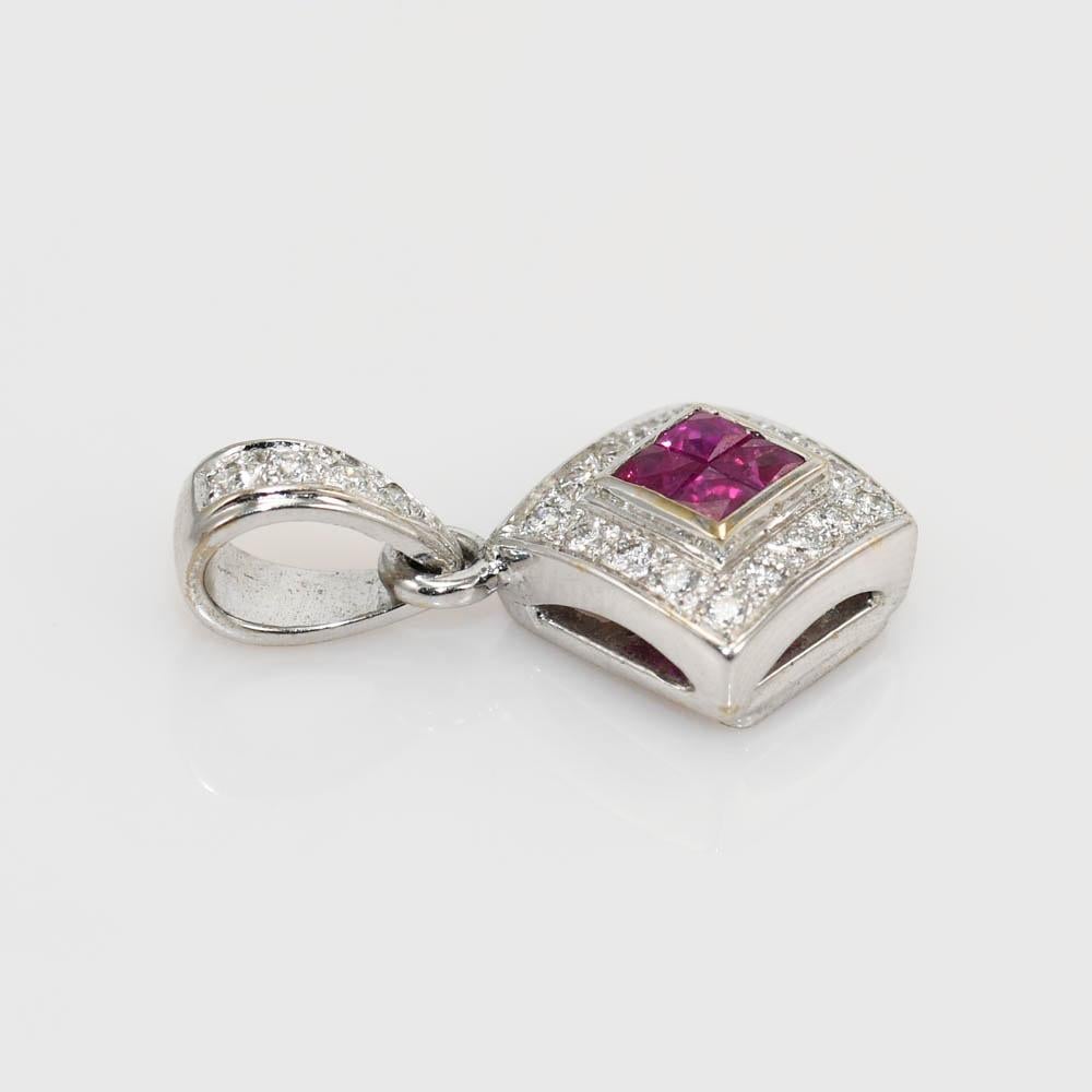 Women's or Men's 18K White Gold Ruby & Diamond Pendant .10tdw, 3.1g For Sale
