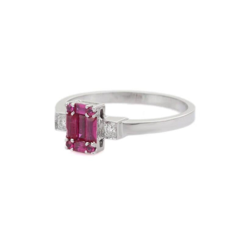 Cluster Ruby Ring with Diamonds Set in 18K Gold which perfectly goes with your personality and also helps you to improve your learning and spiritual healing. 
Ruby improves mental strength. 
Designed with four baguette cut rubies and four round cut
