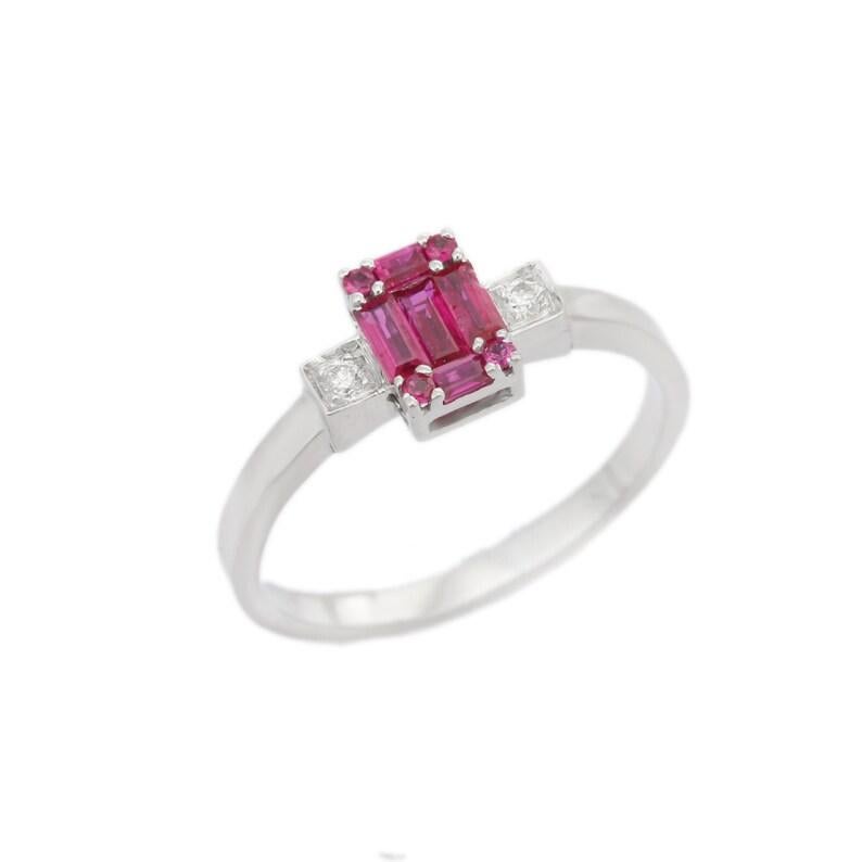Modern Cluster Ruby and Diamond Ring in 18k Solid White Gold For Sale