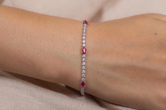 18K White Gold Tennis Bracelet with Oval Rubies & Round Diamonds Luxury Jewelry