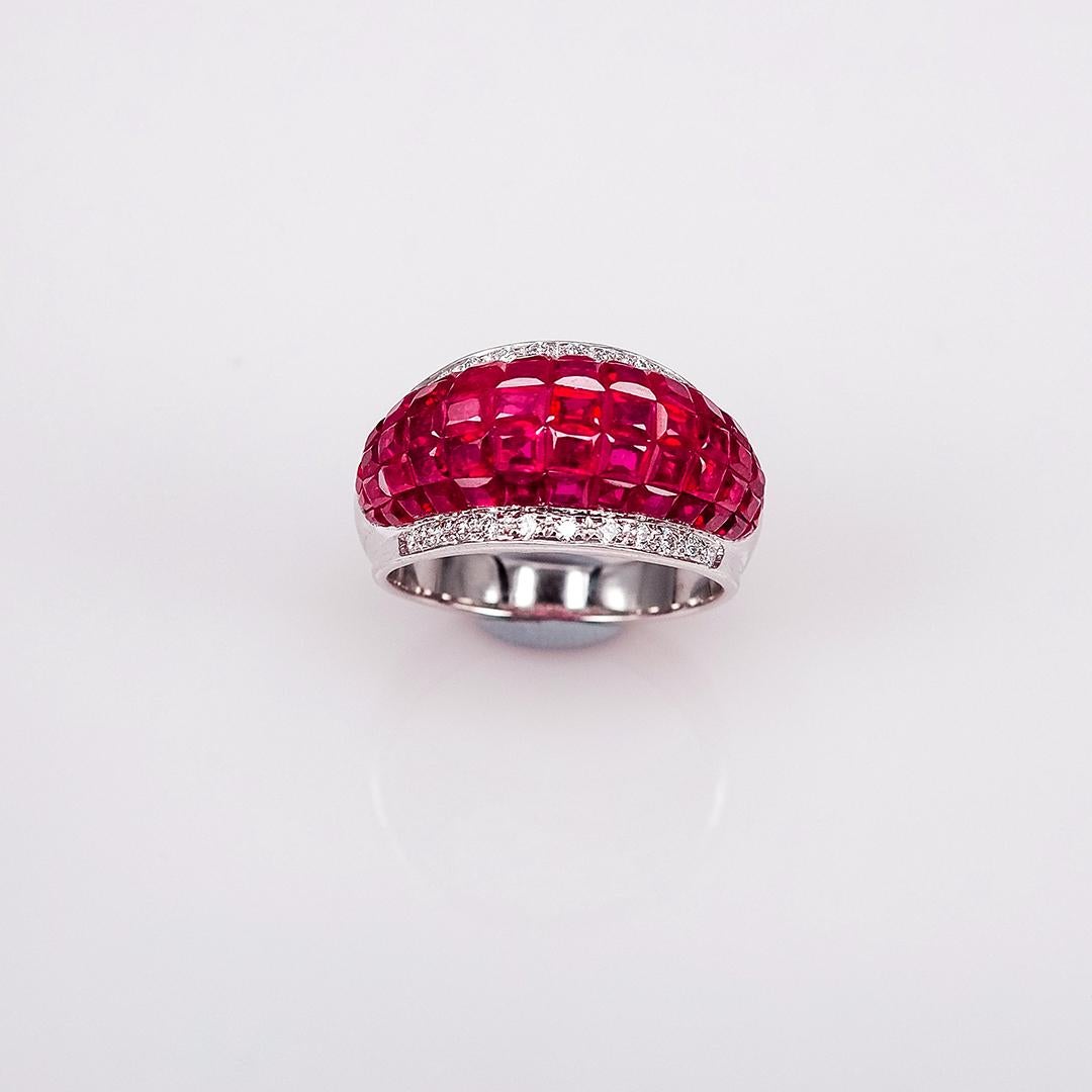 5 Rows ruby ring use the top quality Ruby which make in invisible setting.It is a classic luxury elegant style that you can use many occasions.You can use on everyday and the evening party too. We set the stone in perfection as we are professional