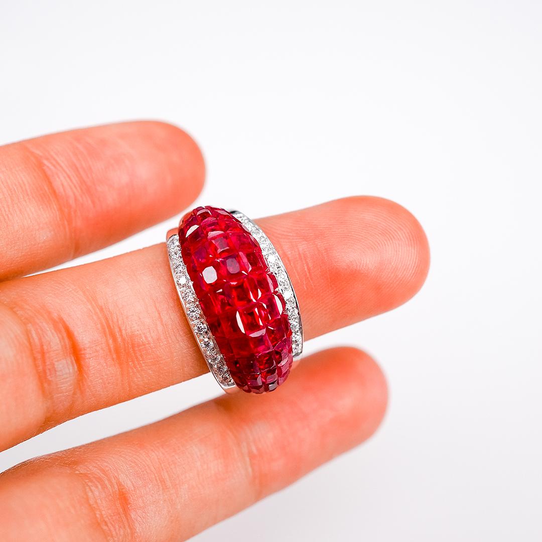 Modern 18K White gold Ruby dome invisible Ring