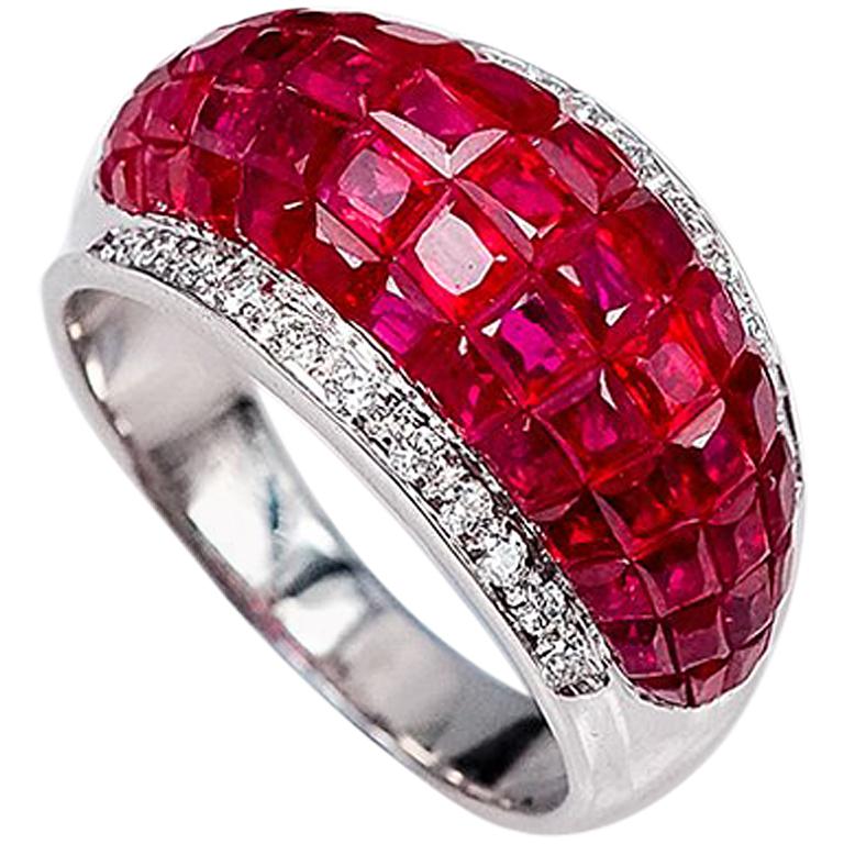 18K White gold Ruby dome invisible Ring