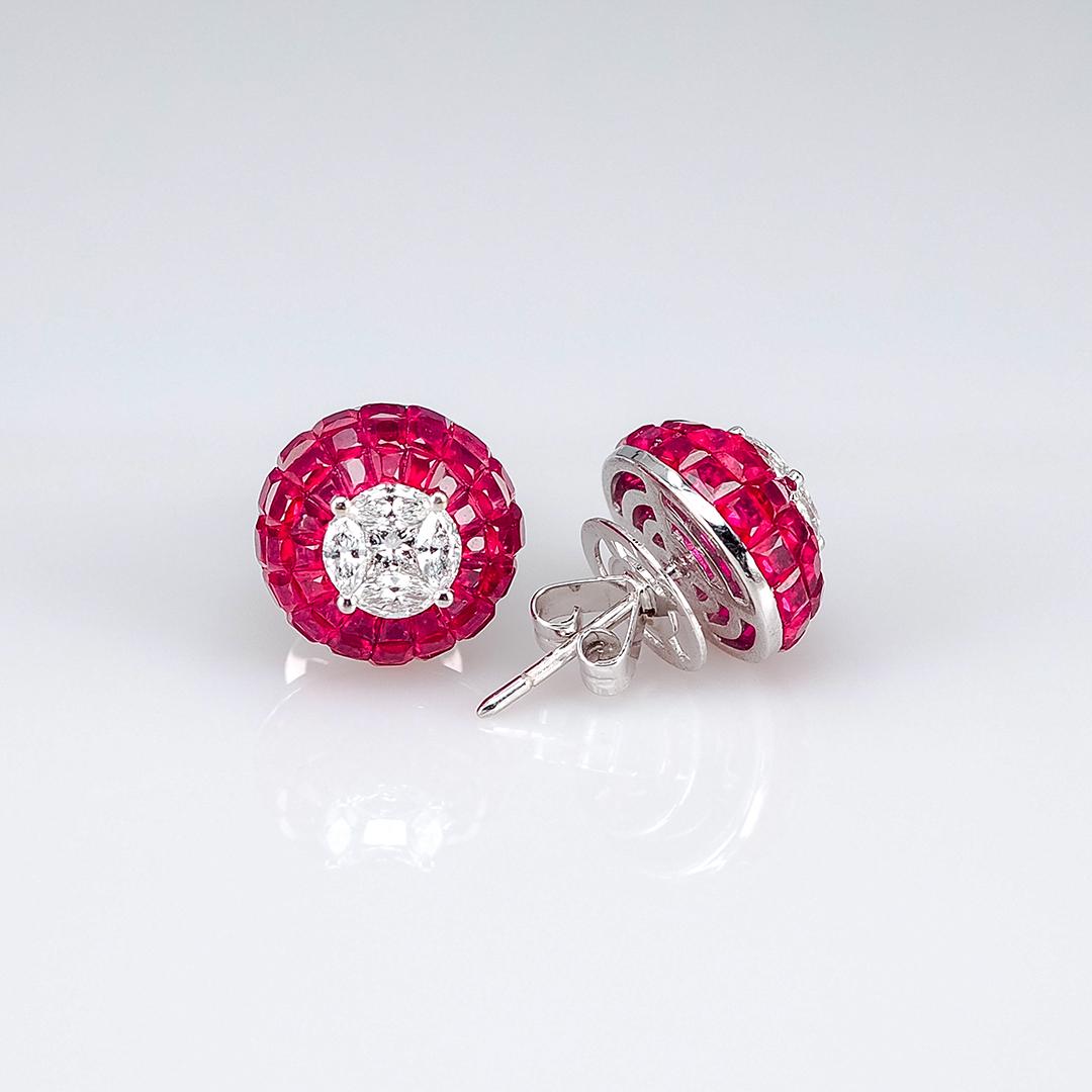 18 Karat White Gold Ruby Diamond Dome Invisible Stud Earrings

Ruby stud earrings design as classic luxury elegant style.You can use for everyday and also for the evening party.We use the top quality ruby which make in invisible setting.We set the