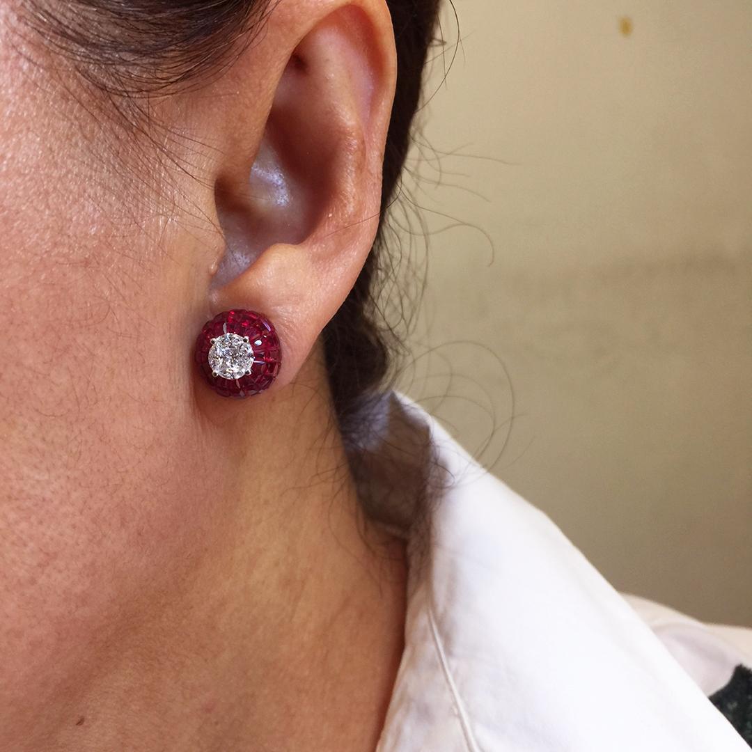 Modern 18 Karat White Gold Ruby Diamond Dome Invisible Stud Earrings For Sale