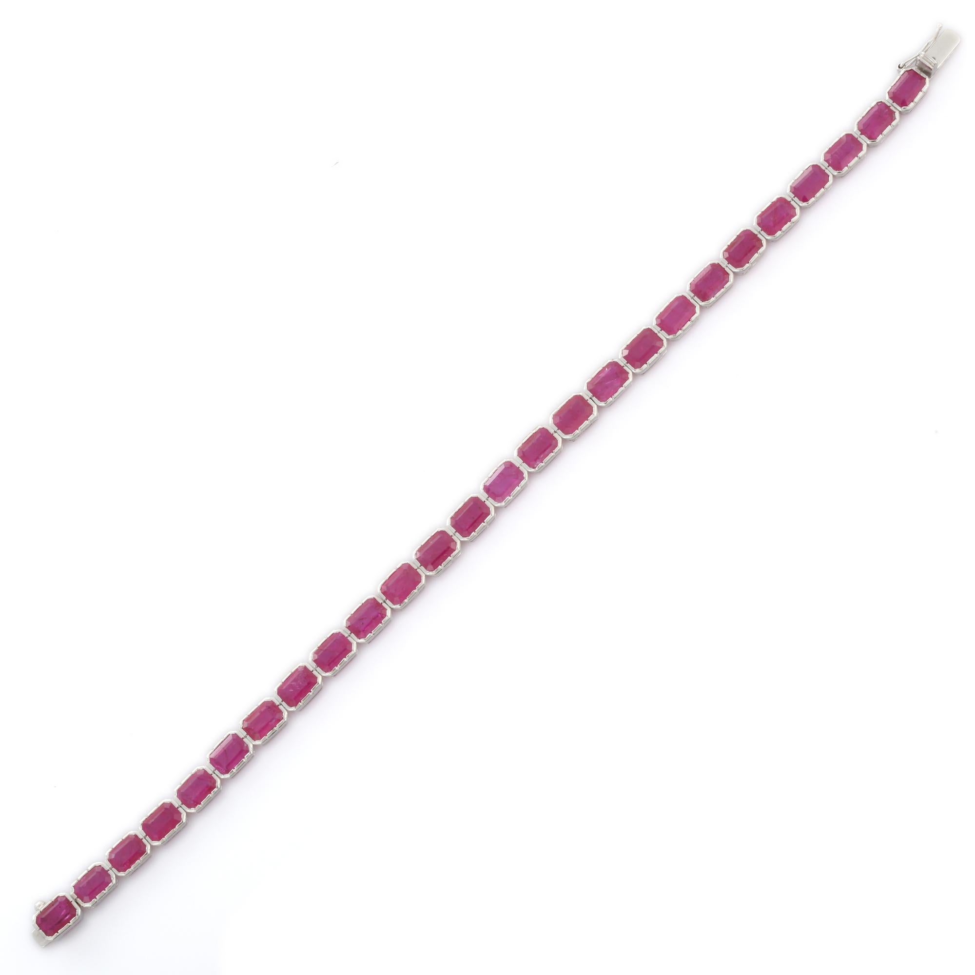 18K White Gold Ruby Octagon Tennis Bracelet For Sale 1