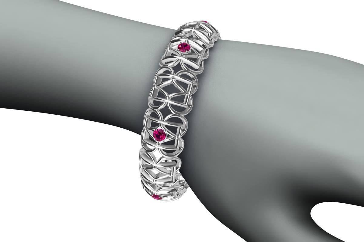 Contemporary 18 Karat White Gold Ruby Rectangle and Rhombus Bangle For Sale