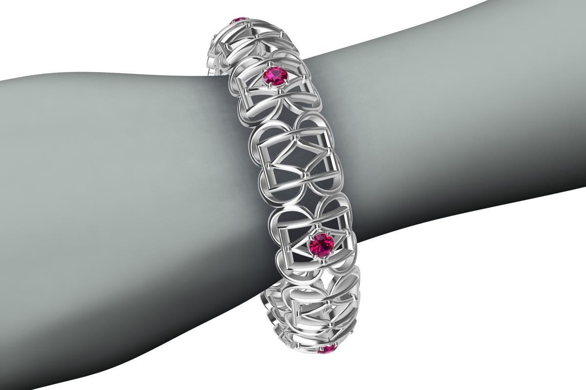 Round Cut 18 Karat White Gold Ruby Rectangle and Rhombus Bangle For Sale