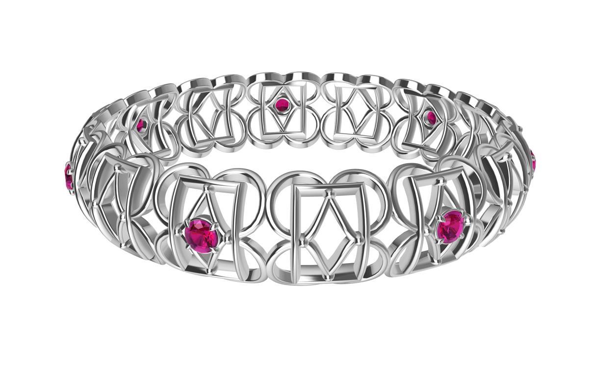 18 Karat White Gold Ruby Rectangle and Rhombus Bangle In New Condition For Sale In New York, NY