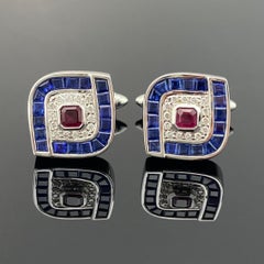 Gemelos de hombre estilo Art Déco de oro blanco de 18 quilates con zafiro rubí y diamantes
