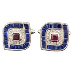 18K White Gold Ruby Sapphire and Diamond Art Deco Style Men’s Cufflinks