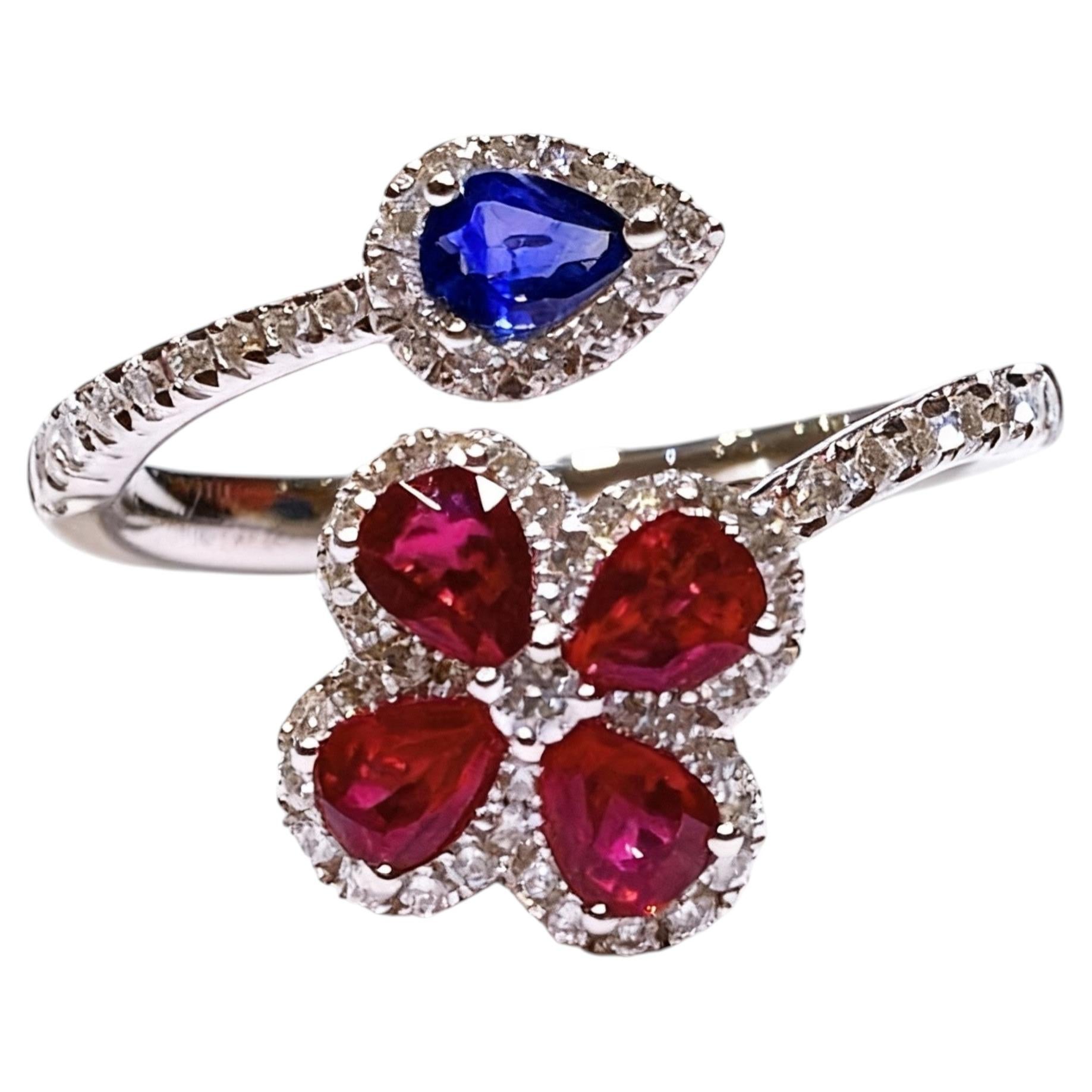 18K Weißgold Rubin, Saphir und Diamant Vierblättriger Kleeblattring, 0,83ct im Angebot