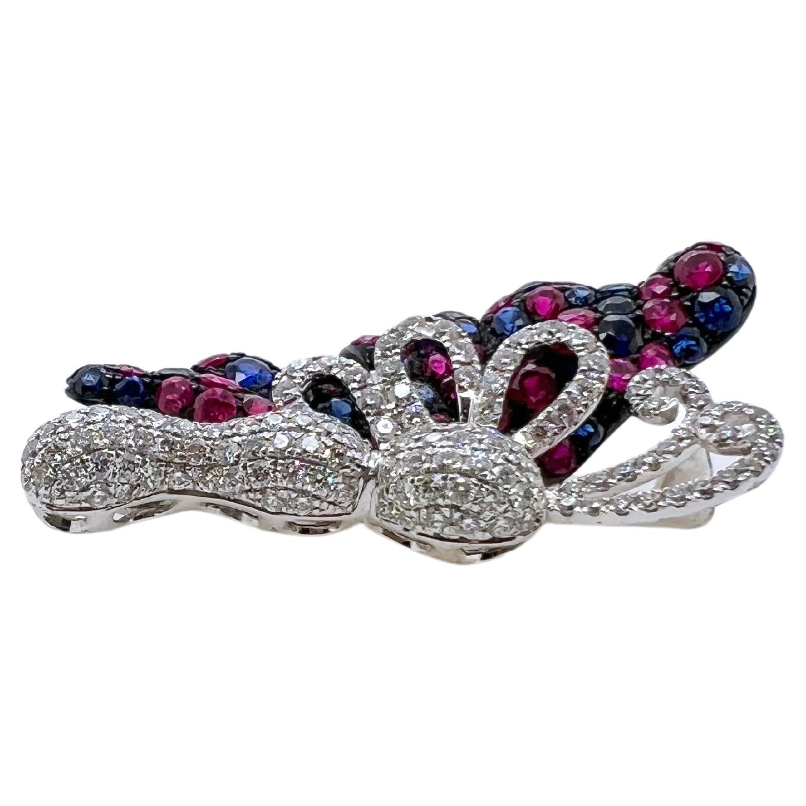 Contemporary 18k White Gold Ruby, Sapphire, Diamond Butterfly Brooch and Pendant For Sale