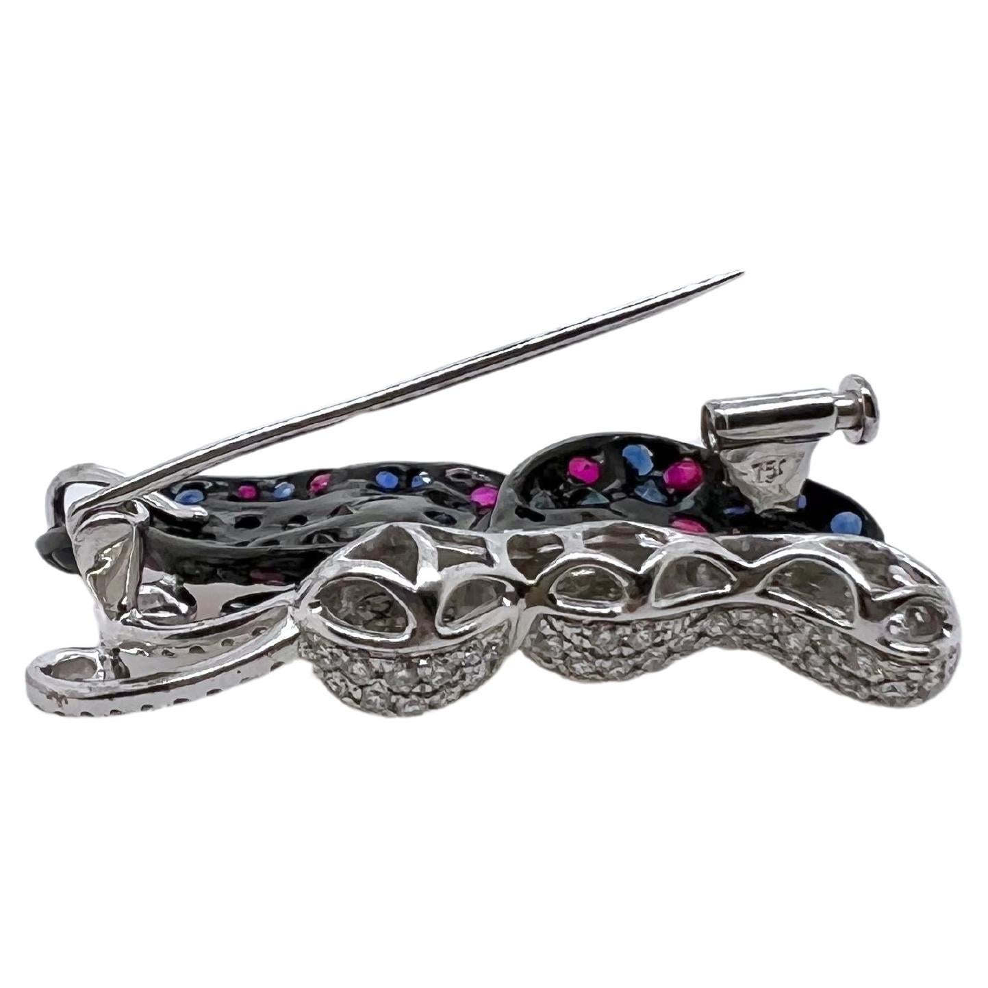 Round Cut 18k White Gold Ruby, Sapphire, Diamond Butterfly Brooch and Pendant For Sale