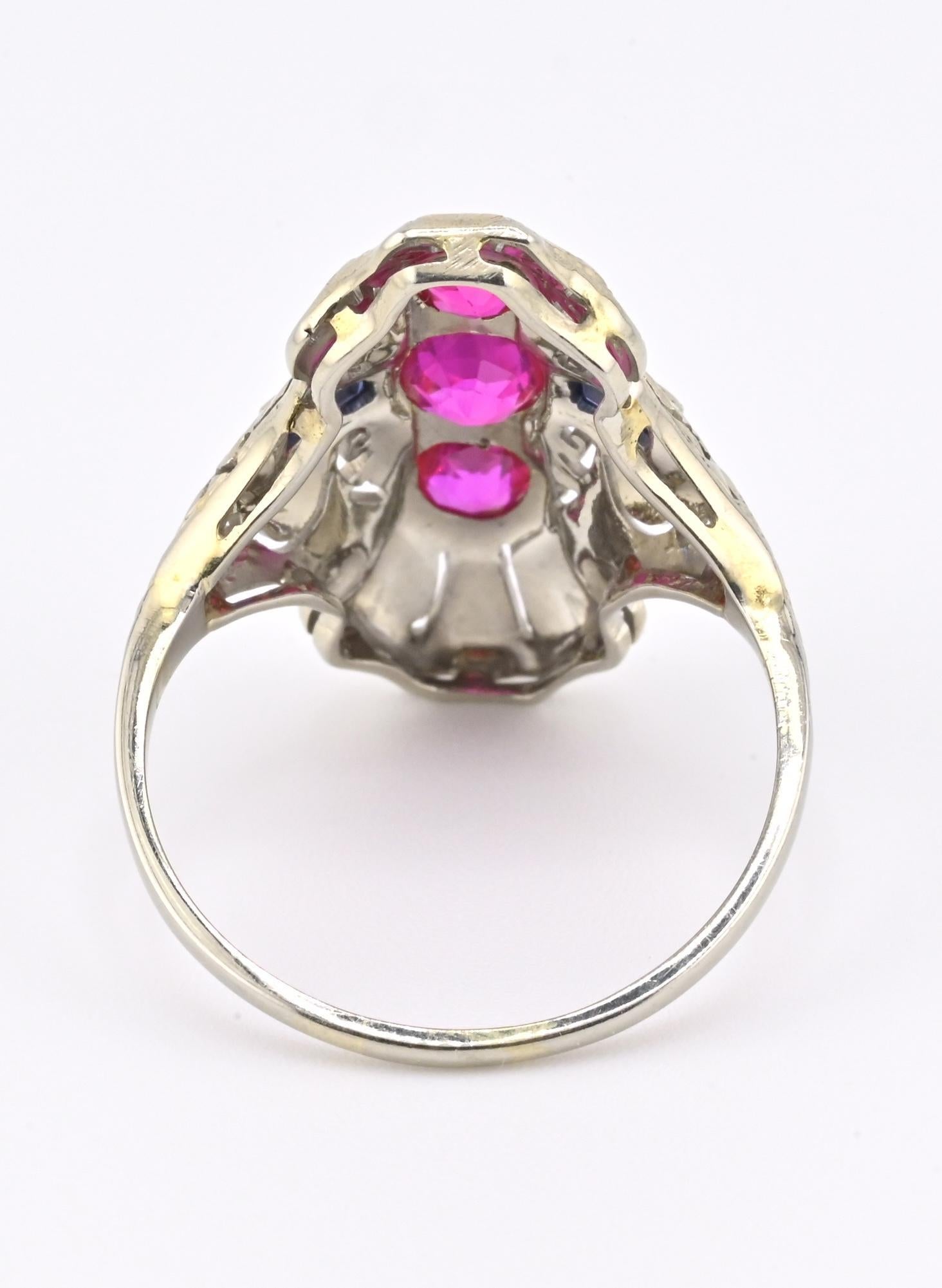 18K Weißgold Rubin & Saphir Ring Art Deco Zeitraum IGI zertifiziert Ring Größe 9,25 (Rundschliff) im Angebot