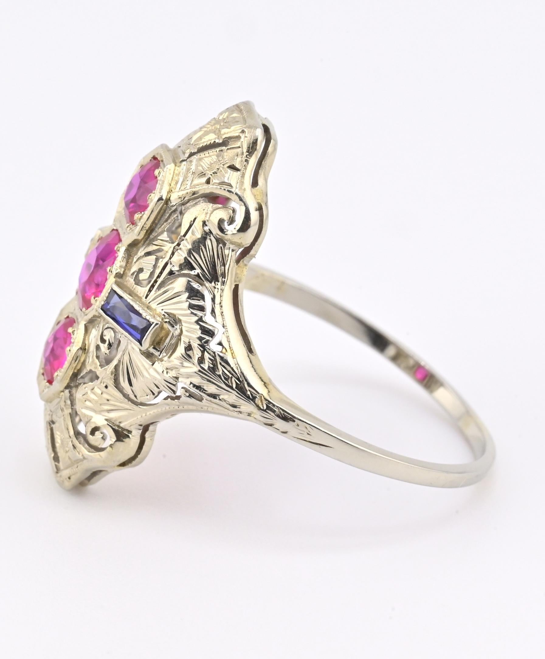 18K Weißgold Rubin & Saphir Ring Art Deco Zeitraum IGI zertifiziert Ring Größe 9,25 im Zustand „Gut“ im Angebot in Media, PA